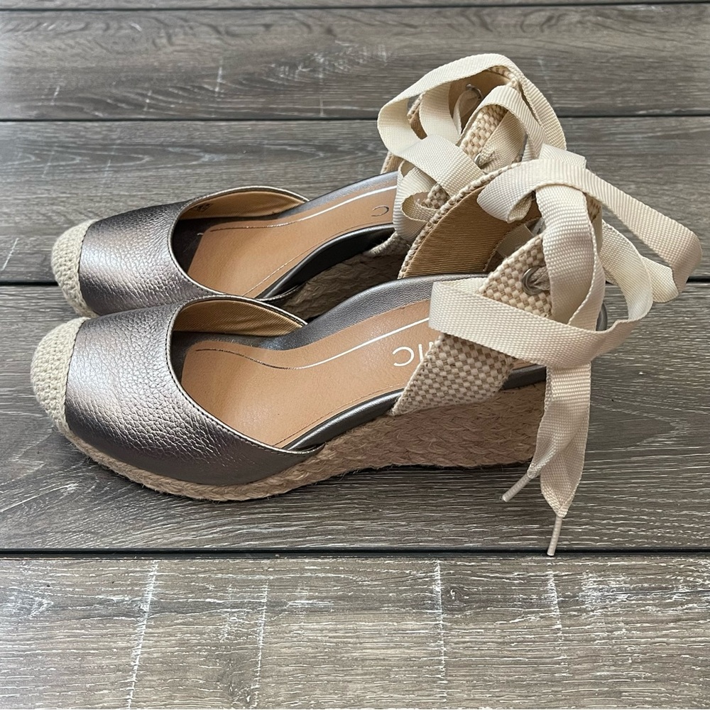 Vionic Aruba Maris Pewter Espadrille Ankle Wrap Wedges Women's Size 5 NEW
